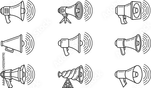 Obraz na plátně Megaphone and Loudspeaker Icon Set with Sound Waves Outline Vector Collection fo