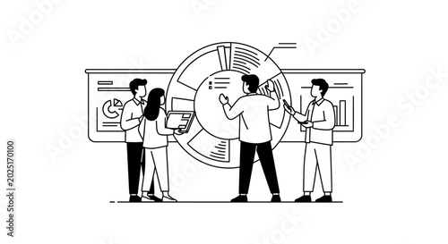 Business strategy, teamwork, infographic elements, line art illustration, vector graphics