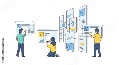 Business people analyzing data, infographics, and graphs in a collaborative workspace, teamwork and analytics concept