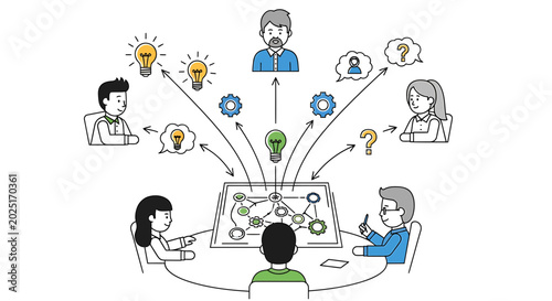 Business team collaboration, brainstorming meeting, people working together, office teamwork, communication icons