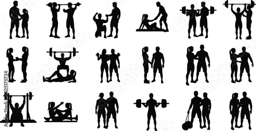 Fitness Exercise Silhouettes Collection of People Training, Yoga, Stretching and Strength Workout Poses