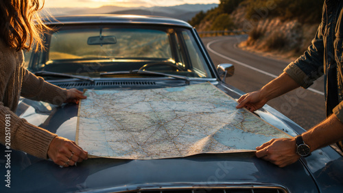 Two people holding a physical paper roadmap on the bonnet of a vintage classic car, planning a regional road trip together