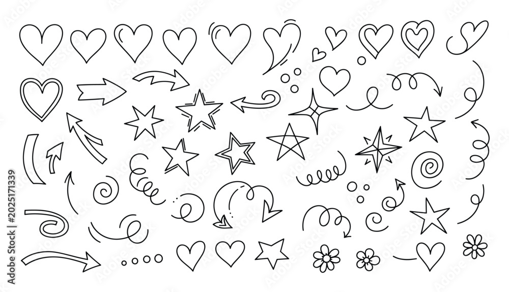 Naklejka premium Set of various handdrawn hearts stars and arrows for decorative fun and creative projects