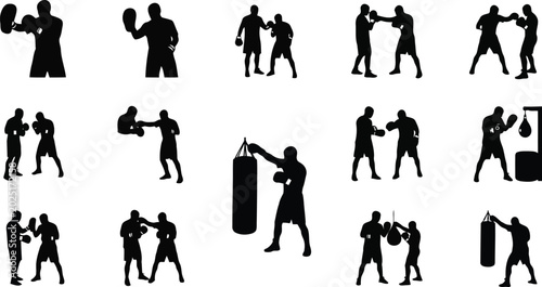 Bild auf Leinwand Fitness Silhouette Set of People Exercising, Boxing, Weight Training and Workout