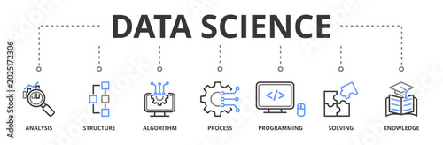 Data science banner vector illustration concept with icon of analysis, structure, algorithm, process, programming, solving and knowledge