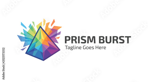 Photos Colorful geometric prism logo with rainbow facets and sharp angular faces as the