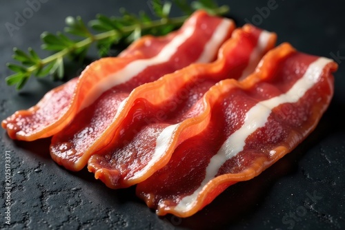 Crispy raw pork bacon slices with fat and marbling, meaty, bacon slices