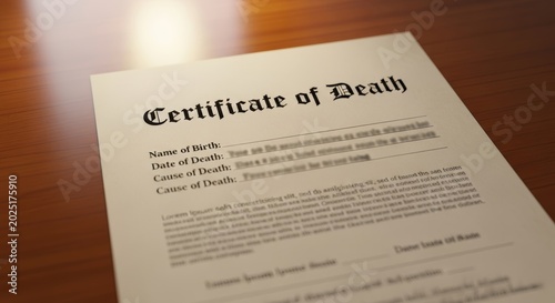 Certificate of death document resting on a wooden table. Legal paperwork recording the end of life. Bureaucratic record for estate planning, funeral arrangements and estate settlement.