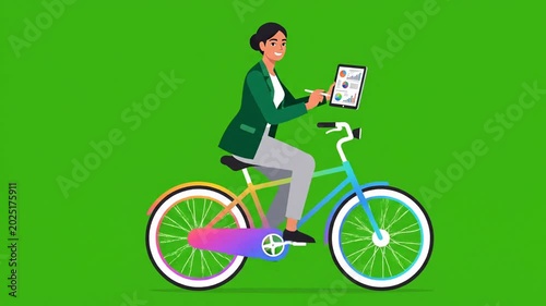 Woman riding a bike while reviewing a document outdoors