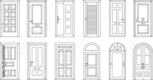Collection of various vintage front door designs in a clean linear architectural outline style