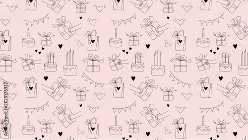 Seamless pattern of birthday elements Outline Drawing doodle sketch vector icon illustration