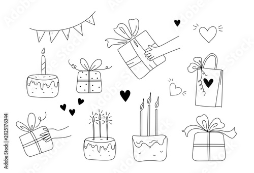 birthday set Outline Drawing doodle sketch vector icon illustration