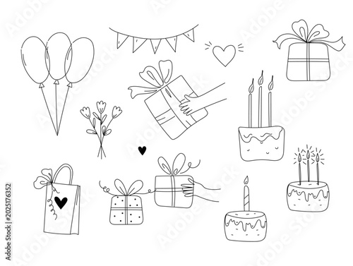 birthday set Outline Drawing doodle sketch vector icon illustration