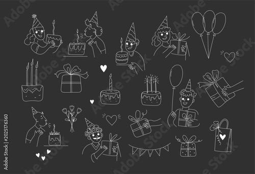 birthday set Outline Drawing doodle sketch vector icon illustration