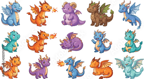 Bild auf Leinwand Cute Baby Dragon Cartoon Collection with Fantasy Fire Breathing Mythical Creatur