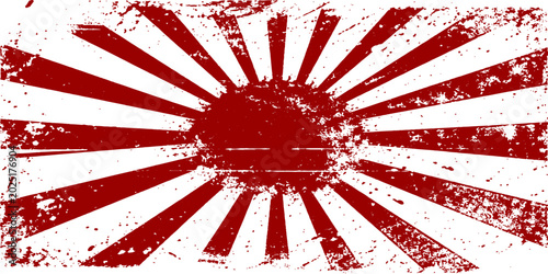 Foto A grunge-style Japanese Rising Sun flag with a distressed, textured finish, conveying a sense of history and power