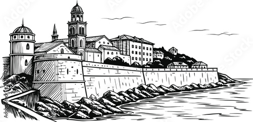 Dubrovnik, Croatia Skyline Engraving Sketch Vector