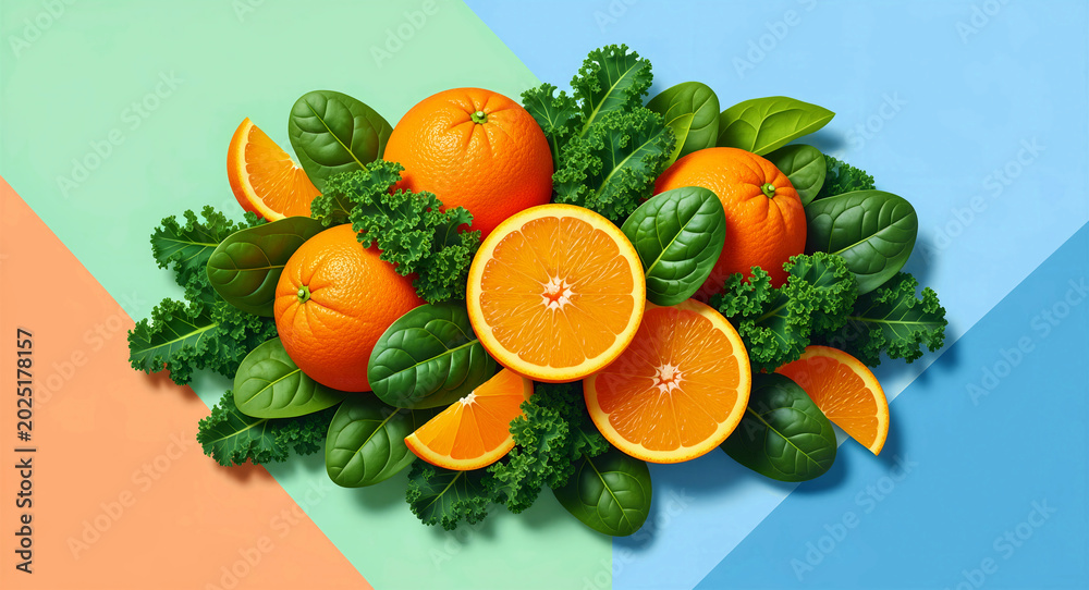 Naklejka premium Fresh sliced oranges with kale and spinach on a geometric background. Vibrant flat lay of citrus fruits and healthy greens. Wellness and nutrition concept for organic food marketing.