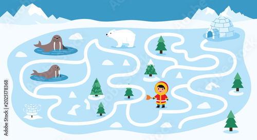 Childrens maze puzzle featuring an arctic adventure with polar bear, eskimo, and seal characters on ice.