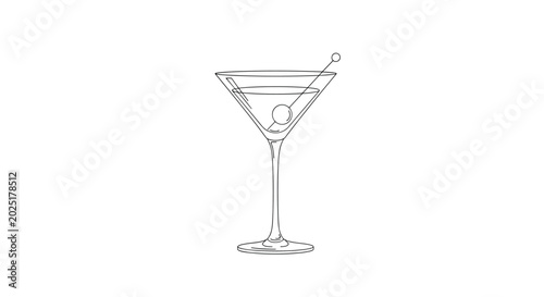 Minimalist line drawing of a cocktail in a martini glass garnished with a single olive.