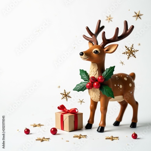 Deer berry star gift surrounded by snowflakes on a white background, winter, snowflakes