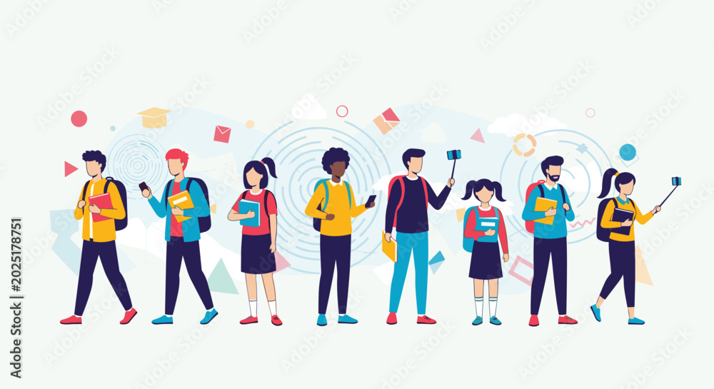 Fototapeta premium Diverse group of young students and university pupils walking together while taking selfies and holding textbooks.