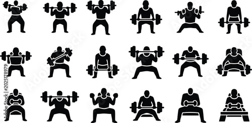 Fotografie Black Fitness Weightlifting Silhouette Icons Set of Gym Exercise Poses and Stren