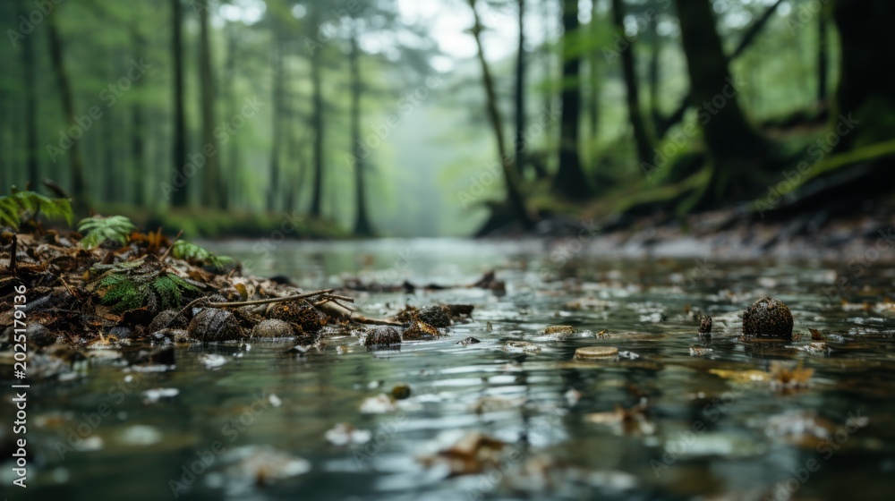 Fototapeta premium A serene forest stream with fallen leaves and branches in the water