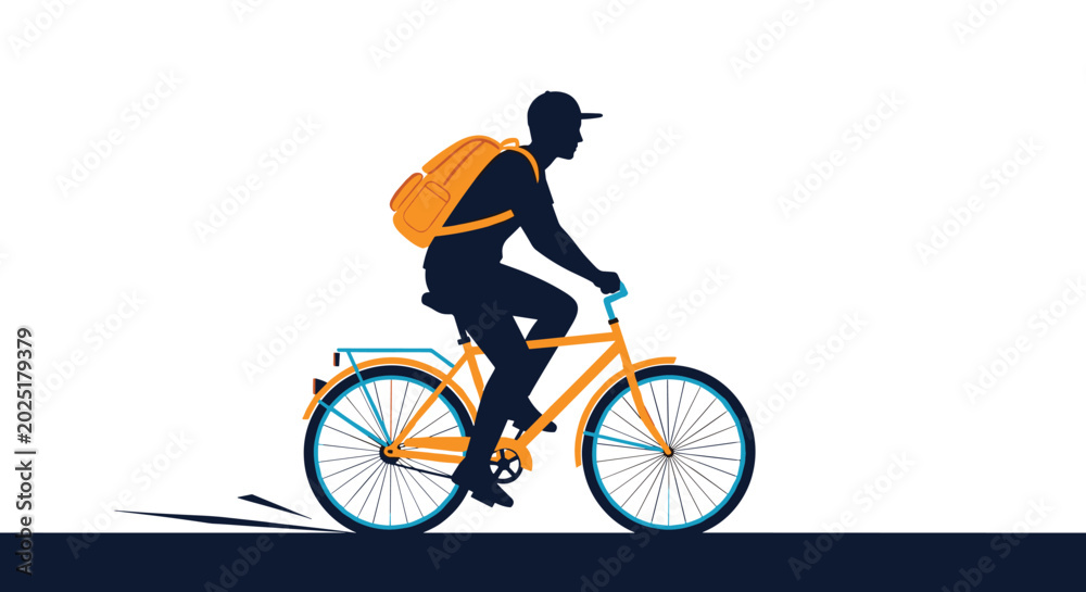 Fototapeta premium Dark silhouette of a delivery person riding a bicycle with a large orange backpack against a clean white background.