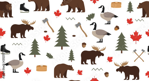 Charming seamless pattern featuring iconic Canadian symbols like bears, moose, geese, and maple leaves on a white background.