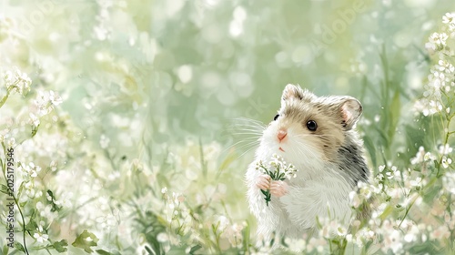 Cute Small Hamster Holding Flower in a Soft Green Meadow