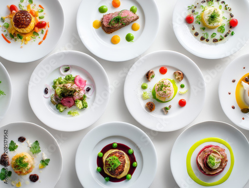 Gourmet Plates Overhead: A curated collection of exquisitely presented gourmet dishes, artfully arranged on white plates, offering a top-down view of culinary artistry and diverse flavors.