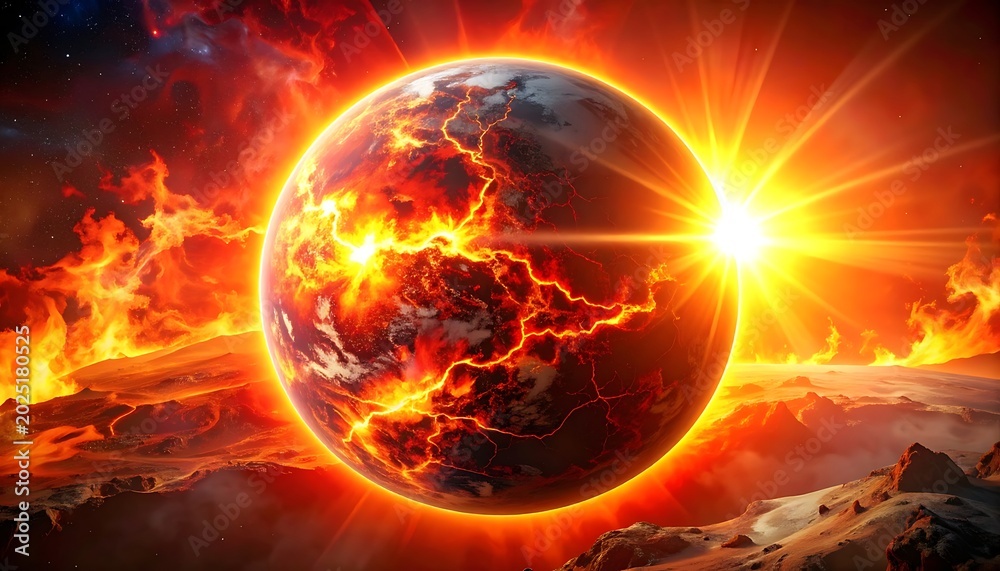 Obraz premium Apocalyptic Earth on Fire with Sun.