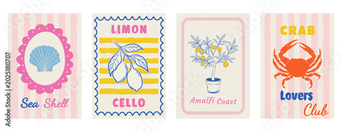Amalfi coast inspired card set with lemon tree sea shell and crab