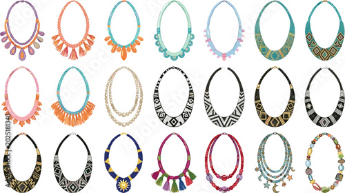 Slika na platnu Ethnic Boho Necklace Collection with Tribal Pendants, Beaded Jewelry, Tassel Acc