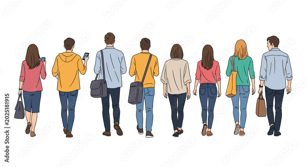 Obraz premium Group of diverse people seen from behind as they walk in a line together while carrying bags and using mobile technology.