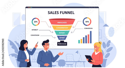 Photos Business team analyzing sales funnel data in modern office