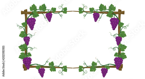 Rectangular frame design composed of wooden branches and trailing grapevines with bunches of ripe purple grapes.