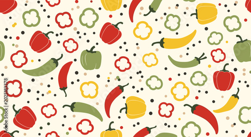 Colorful and vibrant seamless pattern background featuring assorted red, yellow, and green peppers with scattered seeds.