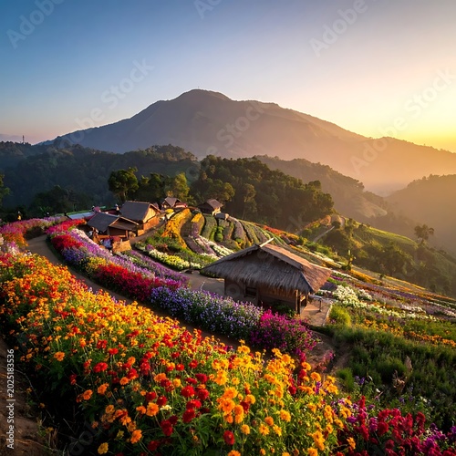 A serene mountain village surrounded by vibrant flower fields at sunset