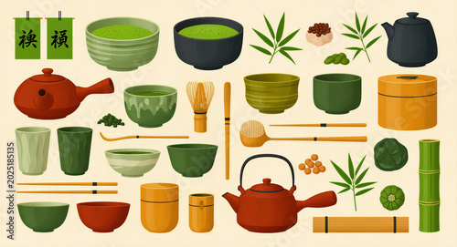 Traditional Japanese matcha tea ceremony tools and equipment set. Includes bamboo whisk, teapots, ceramic bowls, and sweets in textured vector style. Zen culture concept for wellness branding.