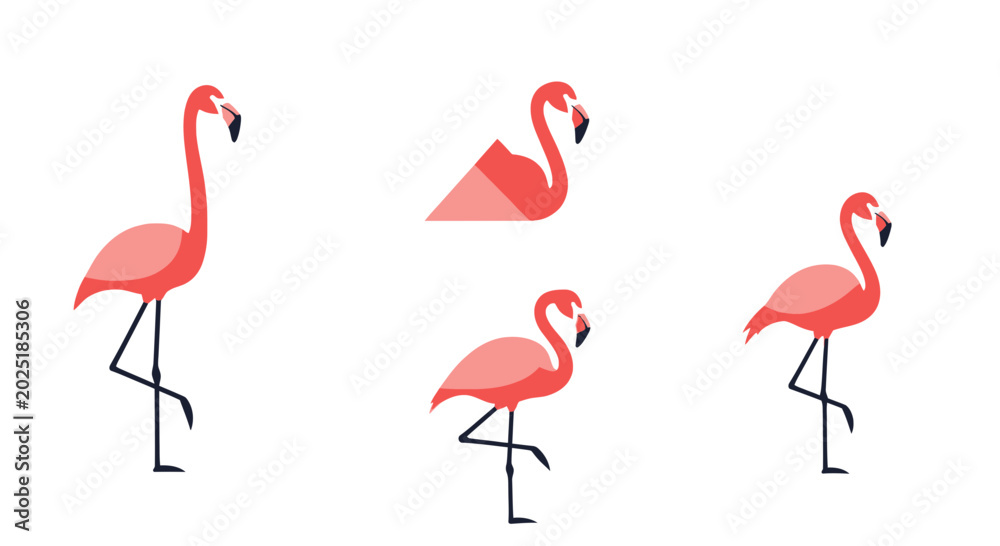 Obraz premium Set of pink flamingo bird icons in various poses