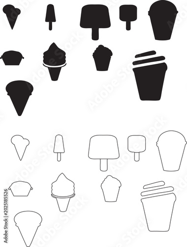 Minimalist Ice Cream and Frozen Dessert Vector Icons Set Black Silhouettes and Outline Design Elements