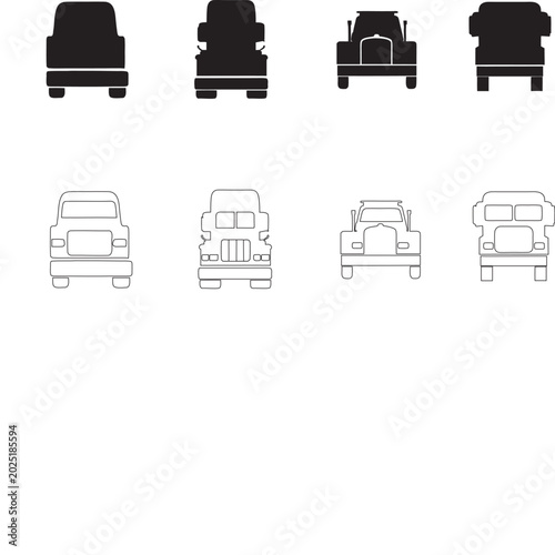 Front View Semi Truck Silhouette and Outline Commercial Vehicle Icon Collection