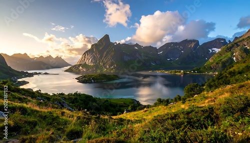 A serene mountainous landscape with a calm lake and green hills