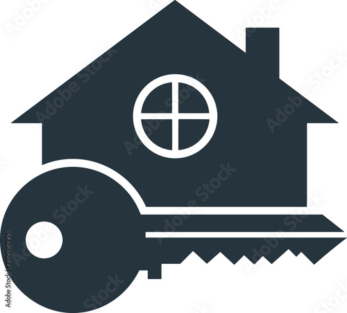 House with key symbol, real estate vector illustration, property ownership concept, home security design, mortgage access icon, modern housing logo