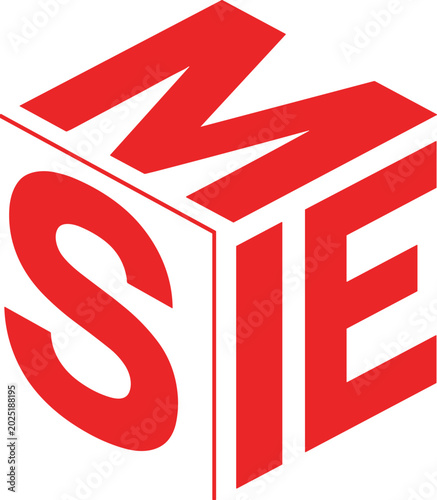 Isometric red logo monogram with letters M S E on cube facets, bold geometric 3D typography for corporate branding, professional identity design graphic element.