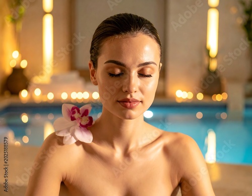 Calm Young Woman Relaxing by Indoor Pool in Candlelit Spa Setting