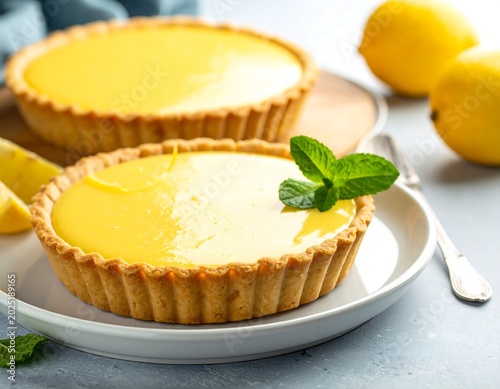 Fresh Lemon Tart Garnished with Mint on White Plate in Bright Kitchen Setting