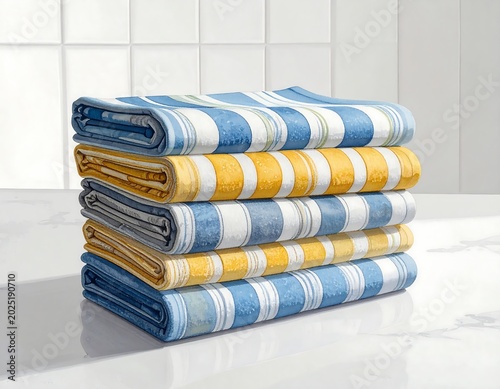 Folded Striped Kitchen Towels Stacked on White Countertop in Bright Interior